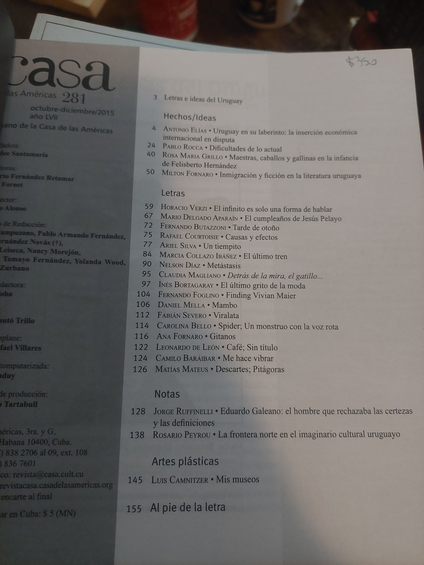 Casa de las Américas 281. Letras e ideas del Uruguay